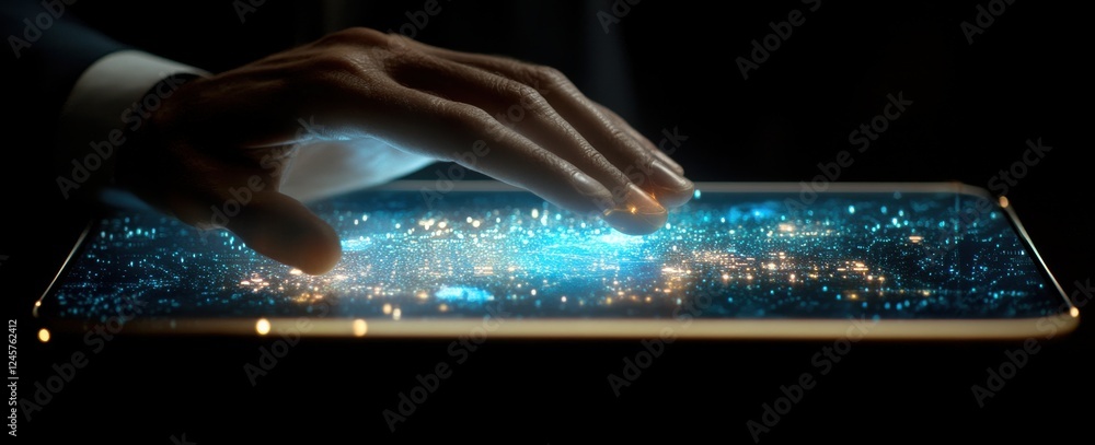 Poster hand touching futuristic interactive digital display with bright luminescent data visualization in d