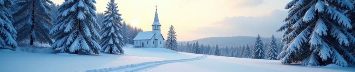 Fototapeta premium Snowy forest landscape with a serene church in the background, tranquil, church, calm