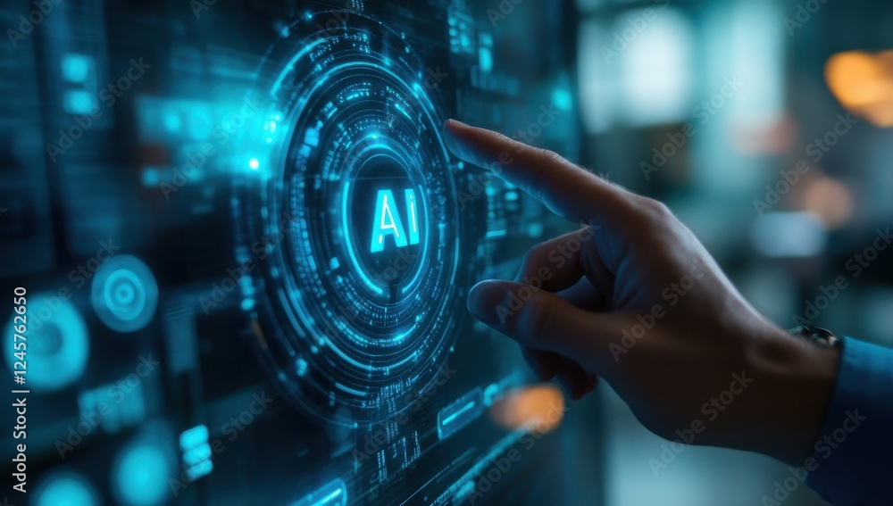 Poster hand touching interactive display with ai interface concept and futuristic technology background in 