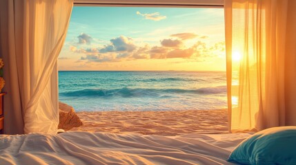 Serene beach sunrise view from bedroom window.