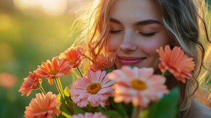 Naklejka premium Woman smelling flowers, sunset, garden, peace