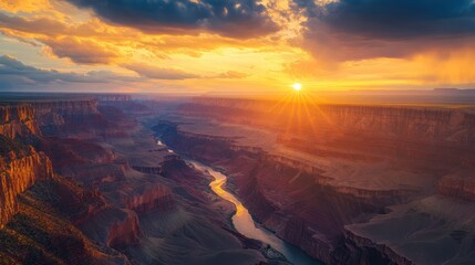 Canyon sunset, river flowing, dramatic clouds, Arizona landscape, travel