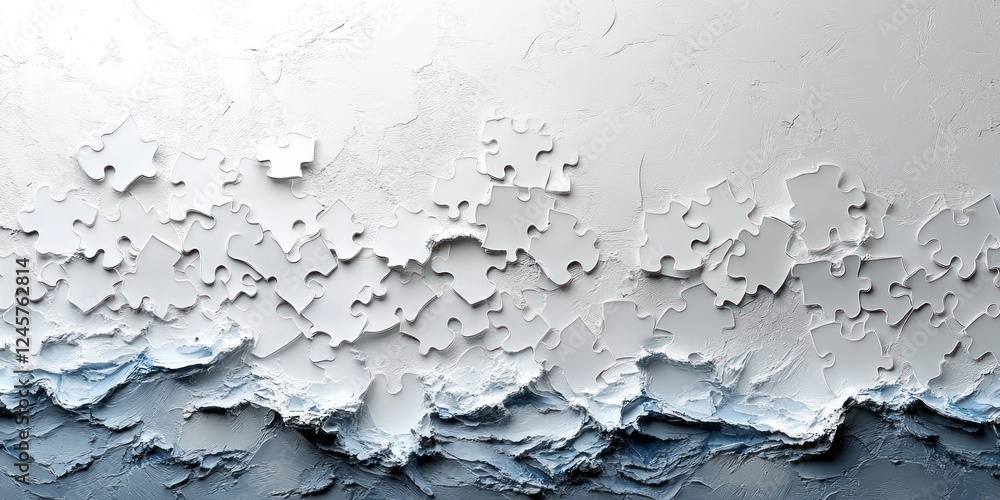 Poster abstract composition of white puzzle pieces on light gray background with modern art style and diffu