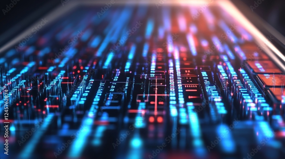 Poster abstract digital circuitry: neon glowing lines and data streams