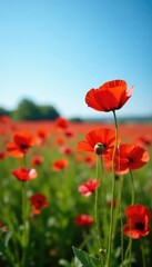 Blooming red corn poppies against the clear blue, spring, field
