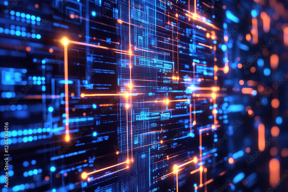 Poster vibrant digital illustration showcasing complex data flow in a futuristic cyber environment with glo