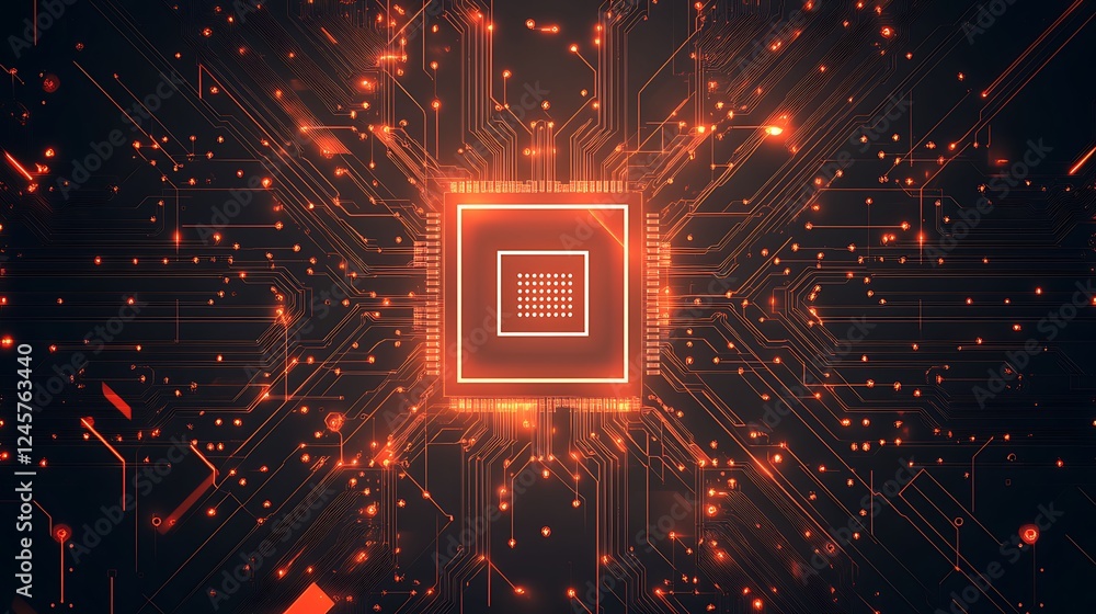 Poster a clean and detailed abstract technology background featuring a bright microchip icon integrated int