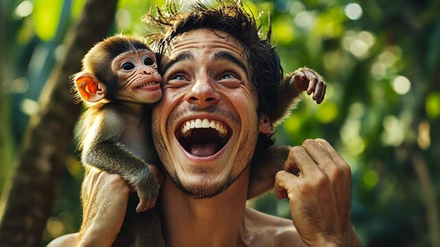 A joyful man laughing with a playful baby monkey on his shoulder in a lush, green jungle setting