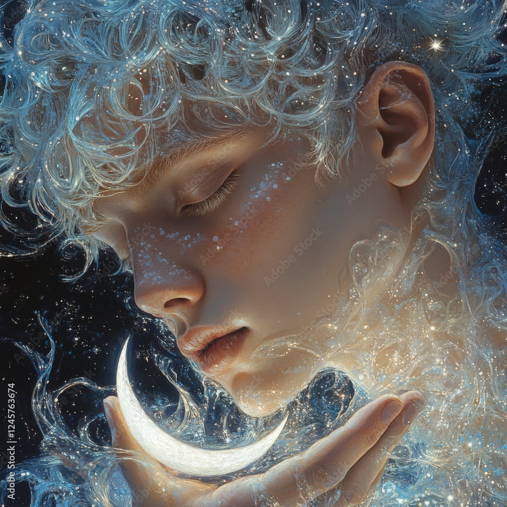 Aufkleber hyperrealistic image of celestial entity with silver hair like flowing rivers adorned with frost pat