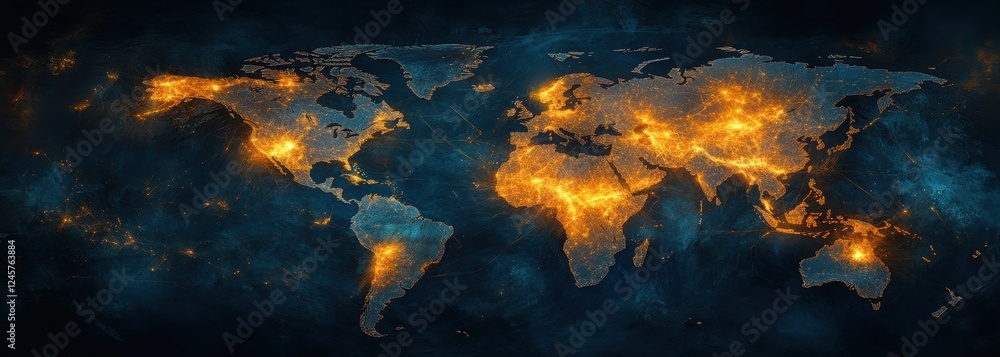 Poster high-resolution abstract world map with bright light network overlays for global connection and tech