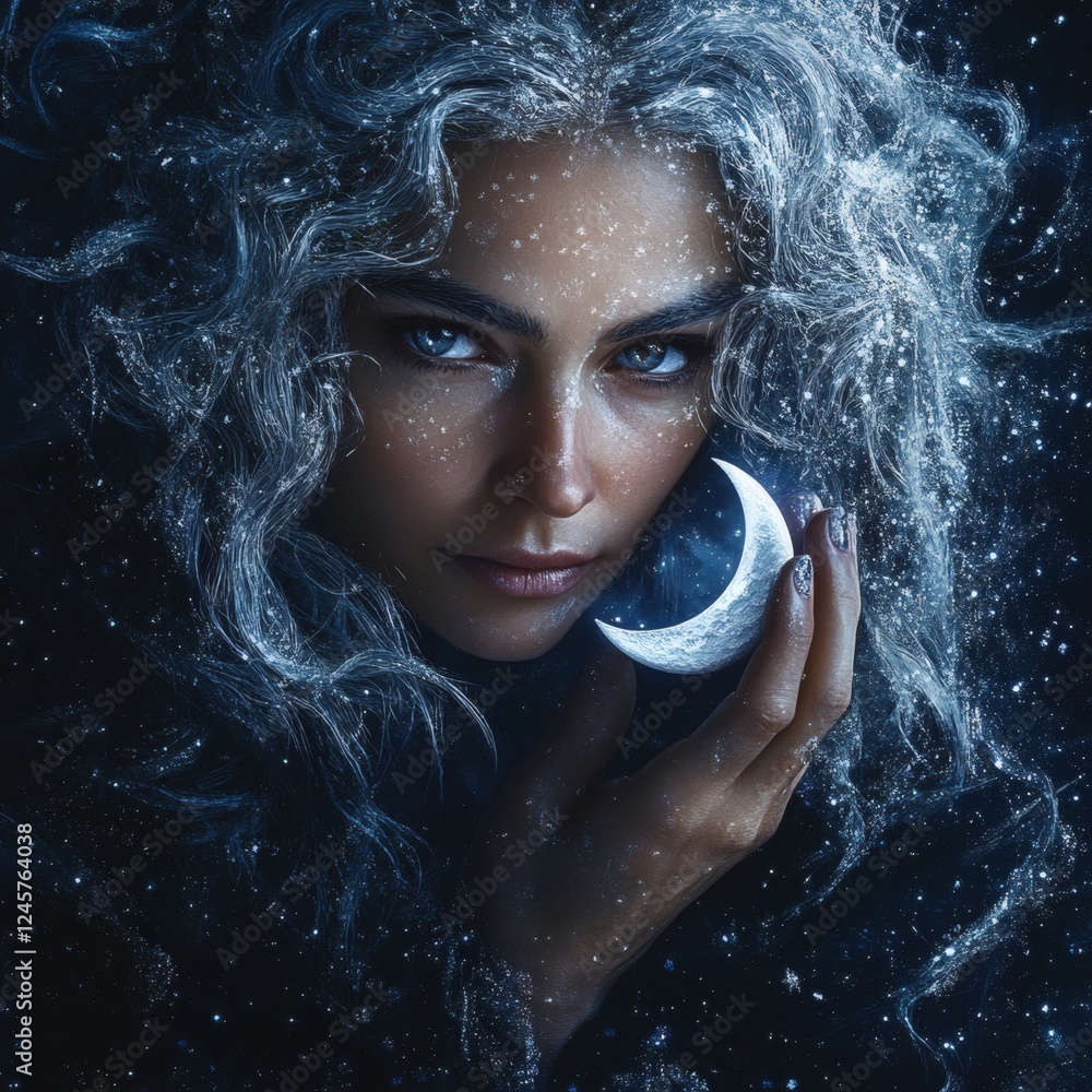 Poster hyperrealistic image of celestial entity with silver hair like flowing rivers adorned with frost pat