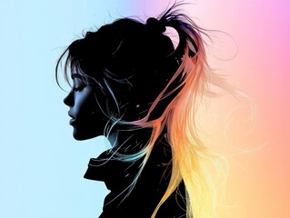 Naklejka premium Silhouette of a girl with flowing hair, displayed in artistic and minimalistic style, set against a colorful gradient background that symbolizes femininity and strength