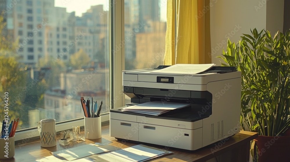 Poster morning light streams through a window, illuminating a tidy desk featuring a printer, scattered pape