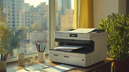 Morning light streams through a window, illuminating a tidy desk featuring a printer, scattered papers, and colorful pens. The urban backdrop adds inspiration for daily tasks