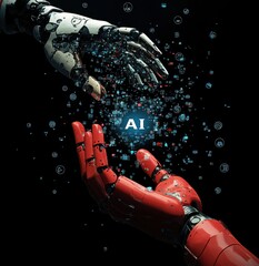 Human and Robot Hands Reaching Towards AI Concept with Digital Elements and Connections in a Futuristic Setting