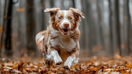 Joyful Dog Running Through Autumn Leaves in Forest. A Stunning Image of Canine Energy and Playfulness in Nature's Embrace.