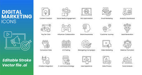 Digital Marketing Icons Set. Content Creation, Social Media Engagement, SEO Optimization, Pay Per Click, Lead Generation, and Key Marketing Strategies. Vector Icon Set.