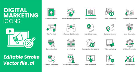 Digital Marketing Icons Set. Content Creation, Social Media Engagement, SEO Optimization, Pay Per Click, Lead Generation, and Key Marketing Strategies. Vector Icon Set.