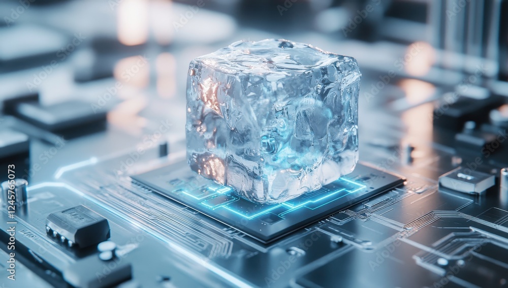 Aufkleber ice cube resting on microchip with futuristic circuitry background reflecting technology and cold el