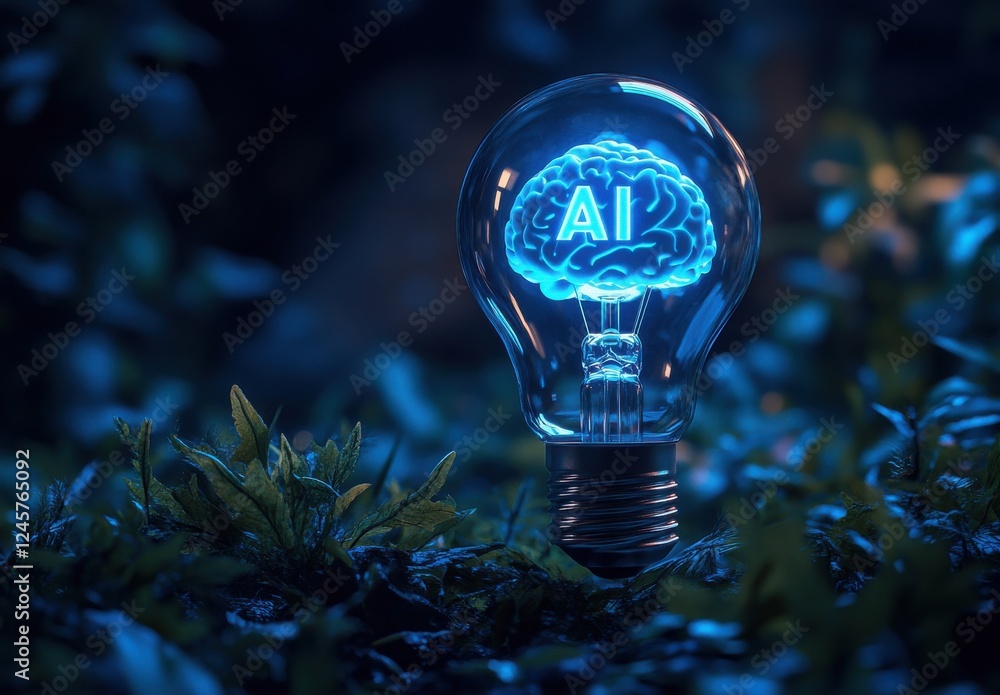 Poster illuminated light bulb with a glowing brain symbolizing artificial intelligence in a dark forest set