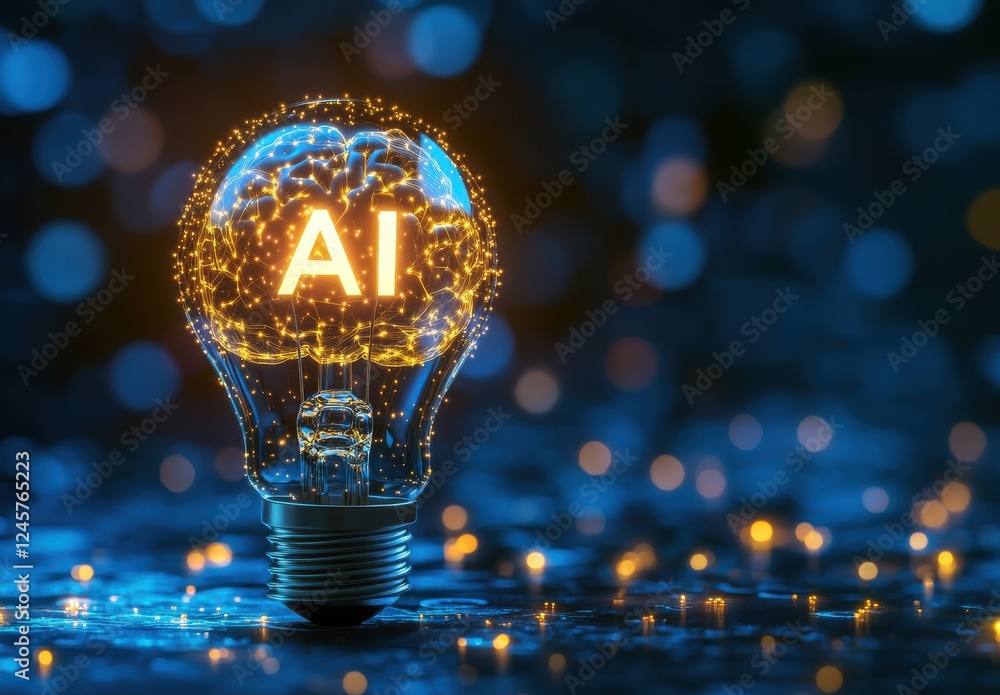 Poster illuminated light bulb with ai concept in a dark blue background creating a fascinating visual repre