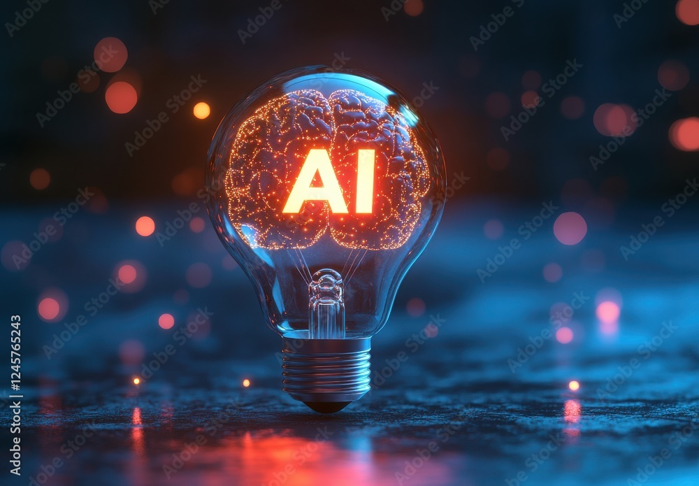 Poster illuminated light bulb with glowing brain pattern symbolizing artificial intelligence, creativity, a
