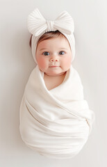 Cute joyful girl with a headband and a bow, wrapped in a white blanket