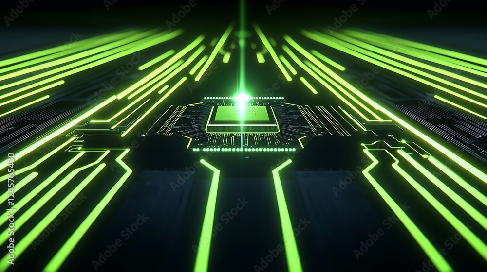 Poster a clean and modern technology background with symmetrical circuit board lines in neon green, converg