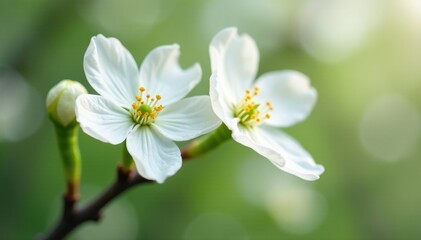 Obraz premium Delicate white blossoms on isolated dogwood tree stem, nature, bloom, solitary