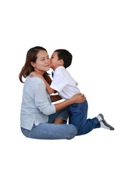 Asian mother kissing and embracing son isolated on white studio background. Full body photo with clipping path.