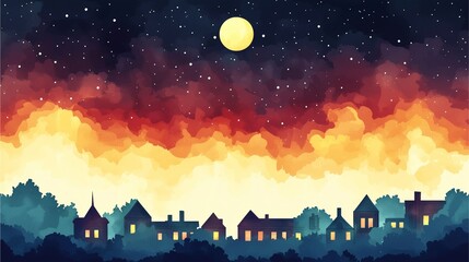Fototapeta premium A serene night scene depicting silhouetted houses against a starry sky with a glowing moon and vibrant clouds in shades of red and orange.
