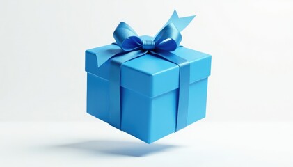 Fototapeta premium Blue gift box with a tied ribbon bow lid in mid-air on white background, white, isolated, empty