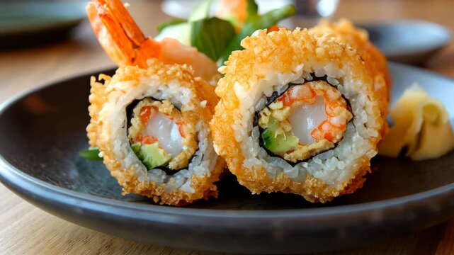 Crunchy shrimp sushi roll served with fresh garnish and wasabi on a plate