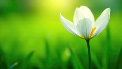 Fototapeta premium Delicate white petals unfolding on a green field, blossoms, fields, open flower