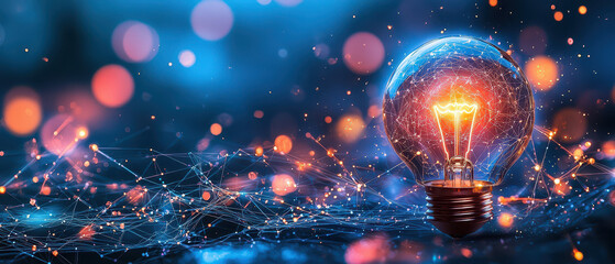 A glowing light bulb emits vibrant colors against a blue background, surrounded by abstract patterns and bokeh lights, symbolizing creativity and innovation.