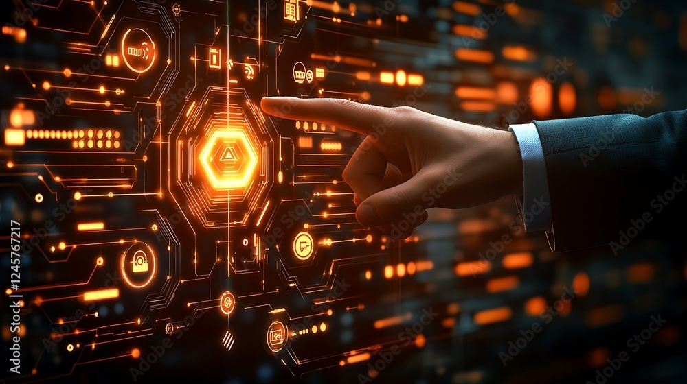 Poster a close-up of a professional hand in a formal suit gesturing towards a glowing digital interface wit