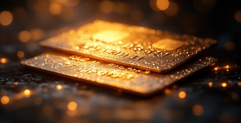 Hyper-realistic Still Life of Three Golden Credit Cards with Intricate Designs on Dark Background