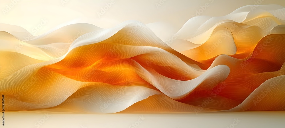Poster an abstract composition featuring flowing waves in soft hues of orange and white, creating a serene 