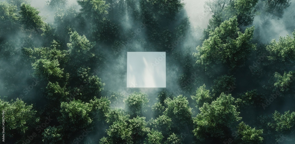 Poster lush green forest with mist and an empty square in the center surrounded by dense trees and ethereal