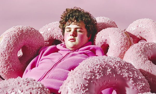 Plump guy sleeping in pink donuts.