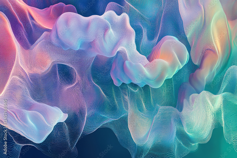 Poster digital illustration displaying colorful abstract wave patterns in a vibrant artistic design