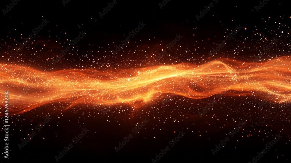 Poster a mesmerizing flow of orange and gold hues dances through dark space, surrounded by sparkling partic