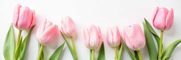 Pastel pink tulips against white background with a subtle copy space, flat lay, neutral background