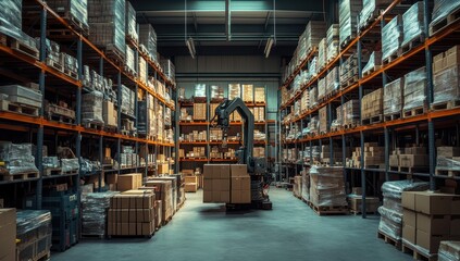 Obraz premium Modern Warehouse with Automated Robotic Arm Managing Inventory Among Stacked Boxes and Shelving Units in a Well-Organized Storage Facility