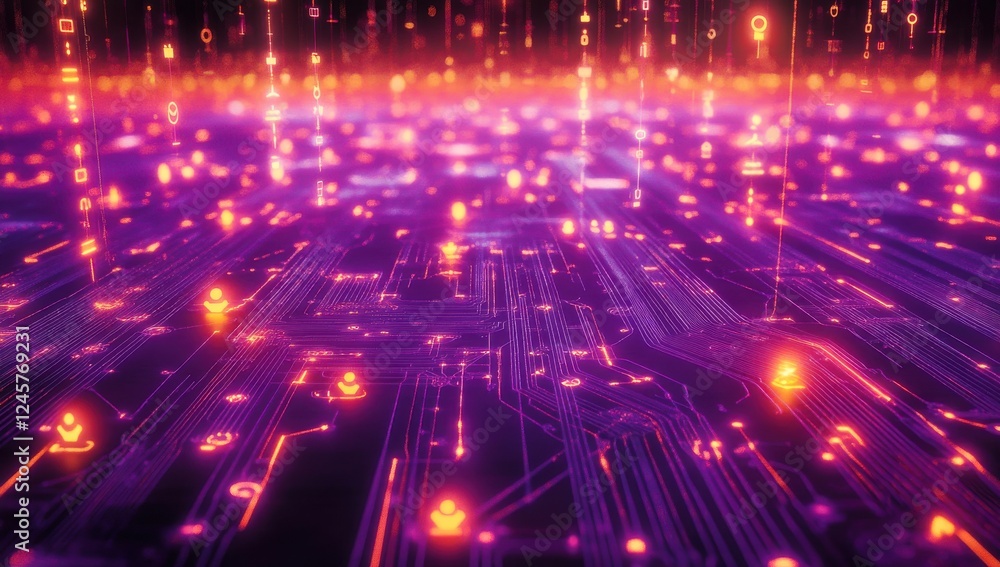 Poster mystical digital landscape with glowing circuits and floating icons representing technology, data fl
