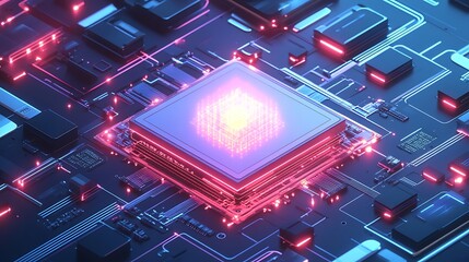 A conceptual rendering of a quantum computing chip processing massive data, glowing amidst interconnected holographic circuits in an isometric perspective.
