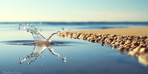 Obraz premium beach scene featuring splashing water and smooth pebbles by the shore under a clear blue sky