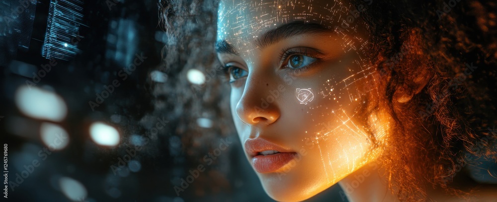 Aufkleber portrait of a young woman with futuristic digital overlay, displaying data patterns and technology e
