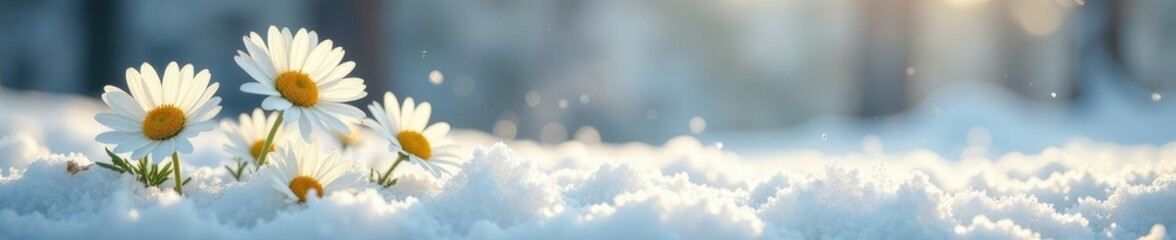 Fototapeta premium Delicate white daisies swaying gently in the snow, serene,