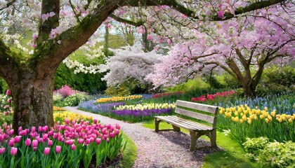 A vibrant spring garden bursting with life, showcasing an array of blooming flowers